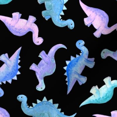Blue, Teal & Purple Hand Painted Gouache Dinos on Black - medium