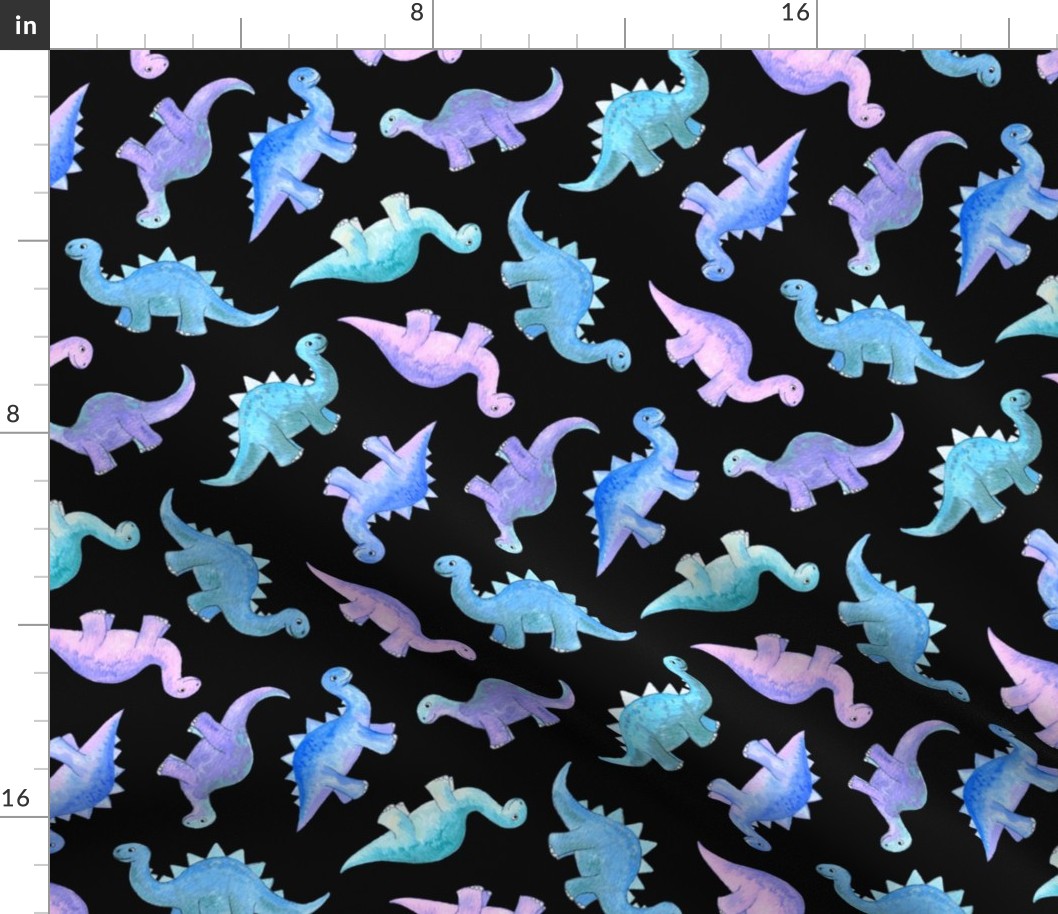 Blue, Teal & Purple Hand Painted Gouache Dinos on Black - medium