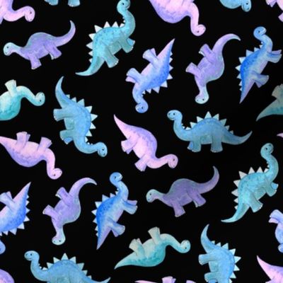 Blue, Teal & Purple Hand Painted Gouache Dinos on Black - small
