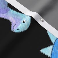 Blue, Teal & Purple Hand Painted Gouache Dinos on Black - large