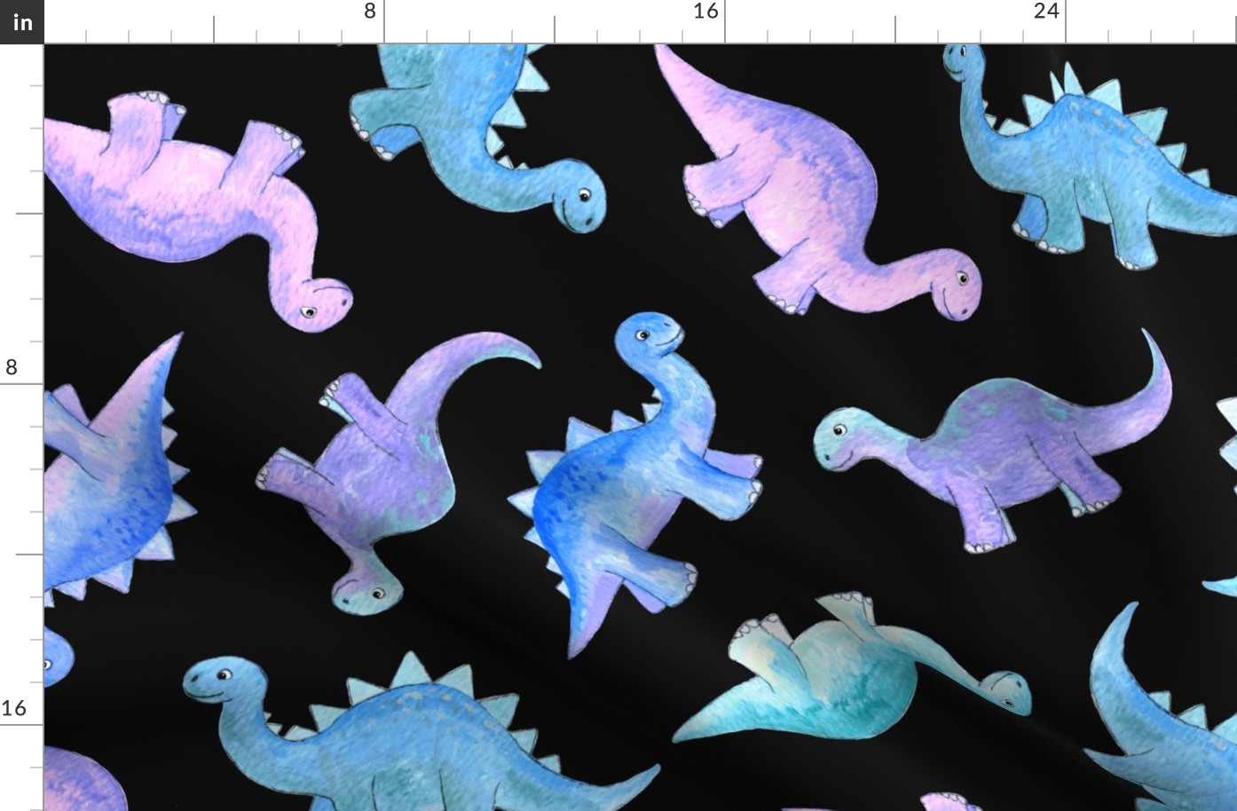 Blue, Teal & Purple Hand Painted Gouache Dinos on Black - large