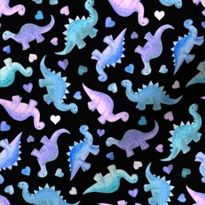 Blue, Teal & Purple Hand Painted Gouache Dinos & Hearts on Black - small