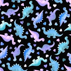 Blue, Teal & Purple Hand Painted Gouache Dinos & Hearts on Black - small