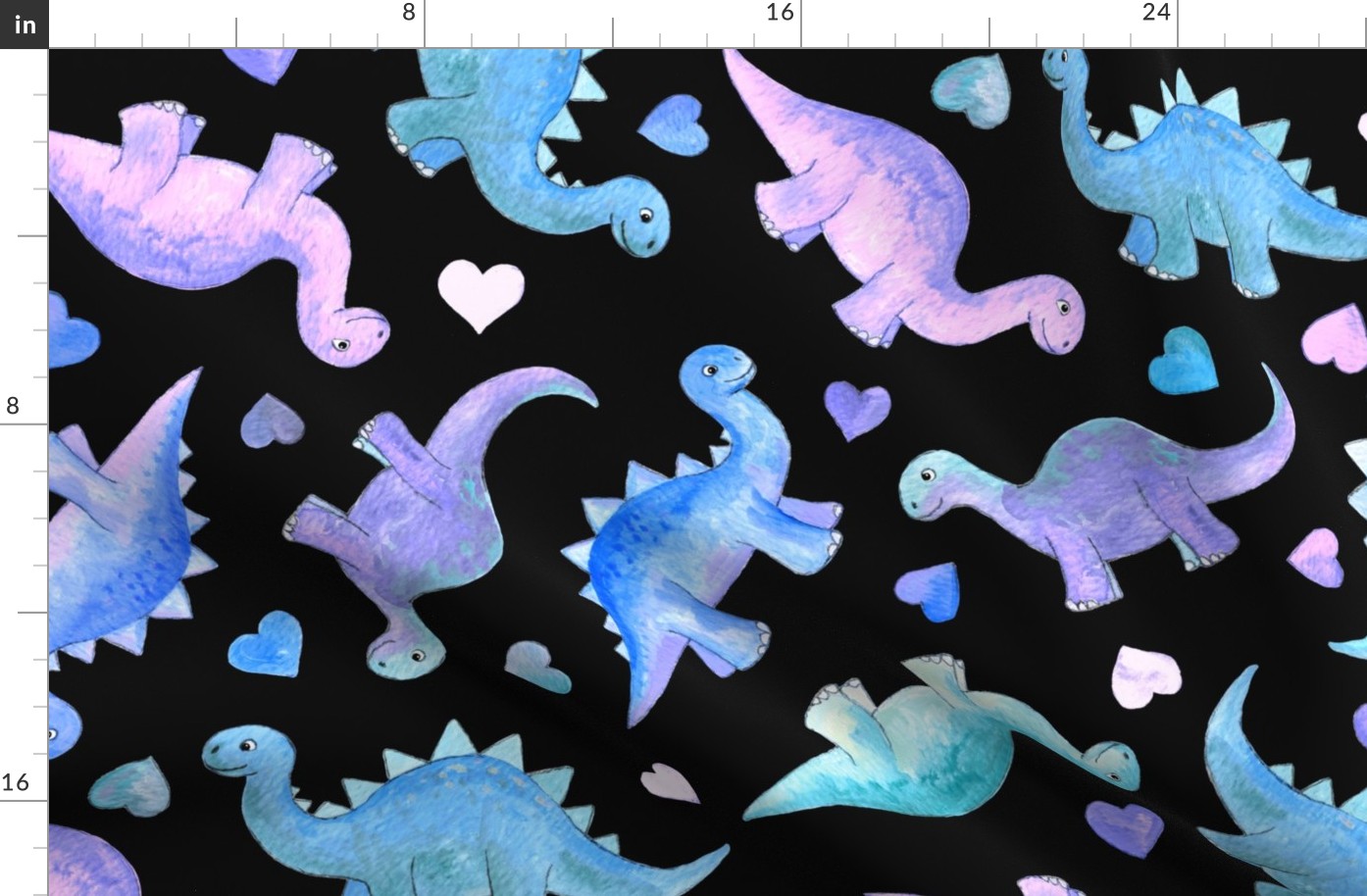 Blue, Teal & Purple Hand Painted Gouache Dinos & Hearts on Black - Large