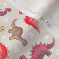 Dinos & White Hearts in Vintage Berry Shades on Cream - small