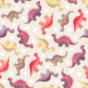Dinos & White Hearts in Vintage Berry Shades on Cream - small