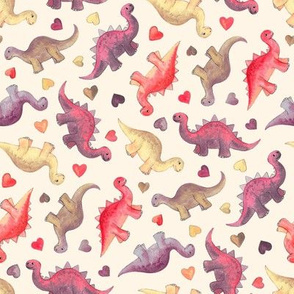 Cute Dinosaurs & Hearts in Vintage Berry Shades on cream - small