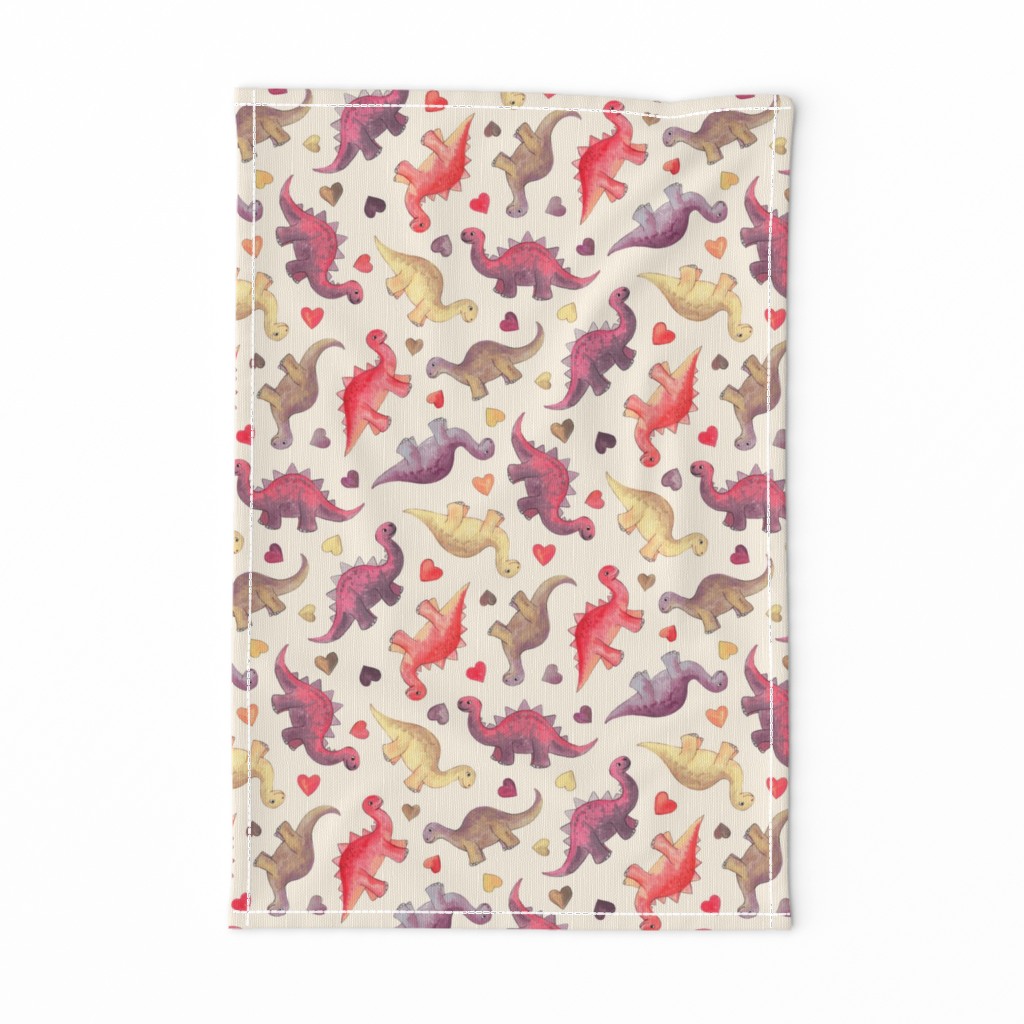 Cute Dinosaurs & Hearts in Vintage Berry Shades on cream - medium