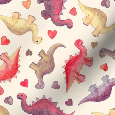 Cute Dinosaurs & Hearts in Vintage Berry Shades on cream - medium