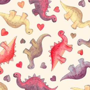 Cute Dinosaurs & Hearts in Vintage Berry Shades on cream - medium