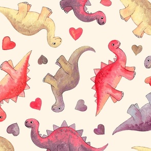 Cute Dinosaurs & Hearts in Vintage Berry Shades on cream - large