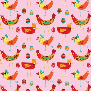 Big colorful chickens on pink bsckgrouns