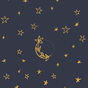 Moon and Stars, Gold on Navy Blue