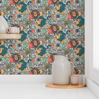 animal gender neutral nursery wallpaper, small scale, gray grey