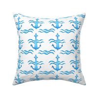 Ocean Waves and Nautical Anchors Blue on White
