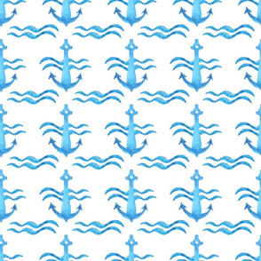 Ocean Waves and Nautical Anchors Blue on White