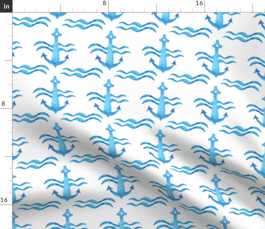 Ocean Waves and Nautical Anchors Blue on White