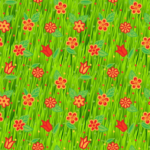 Flowers Red Orange in Grass