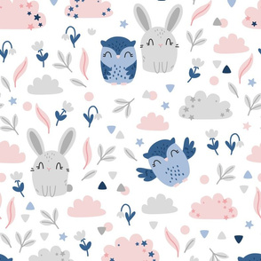 Bunny and Owl - Best Friends - grey pink