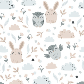 Bunny and Owl - Best Friends - beige grey