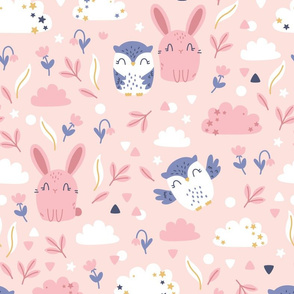 Bunny and Owl - Best Friends - pink blue