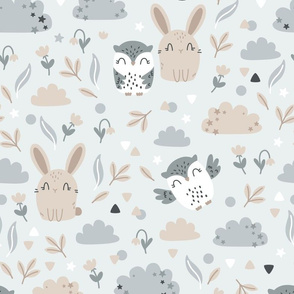 Bunny and Owl - Best Friends - grey beige - BIG