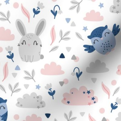 Bunny and Owl - Best Friends - grey pink  - SMALL