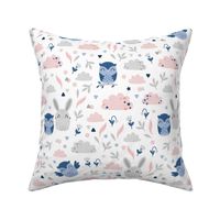 Bunny and Owl - Best Friends - grey pink  - SMALL