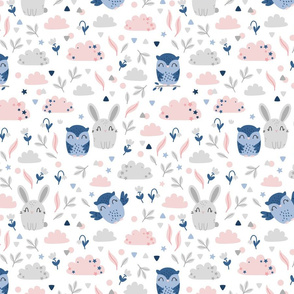 Bunny and Owl - Best Friends - grey pink  - SMALL