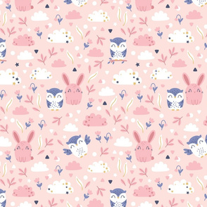 Bunny and Owl - Best Friends - pink blue - SMALL