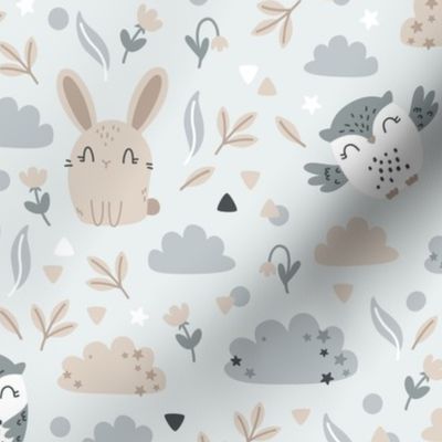 Bunny and Owl - Best Friends - grey beige - SMALL