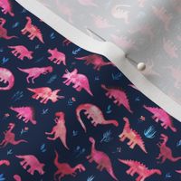 Extra Tiny Dinos in Magenta and Coral on Navy Rotated