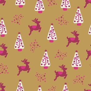 Pink reindeer and Christmas trees on gold