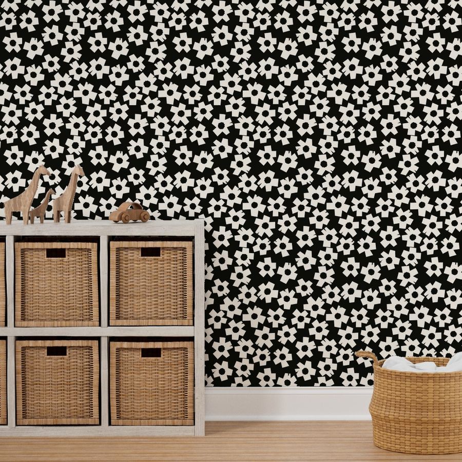 Square Flowers, black, cream Wallpaper | Spoonflower