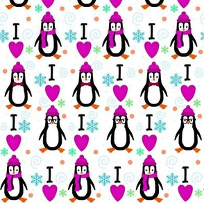 I Love Penguins  w/ hats, scarves, glasses and bow ties -magenta   
