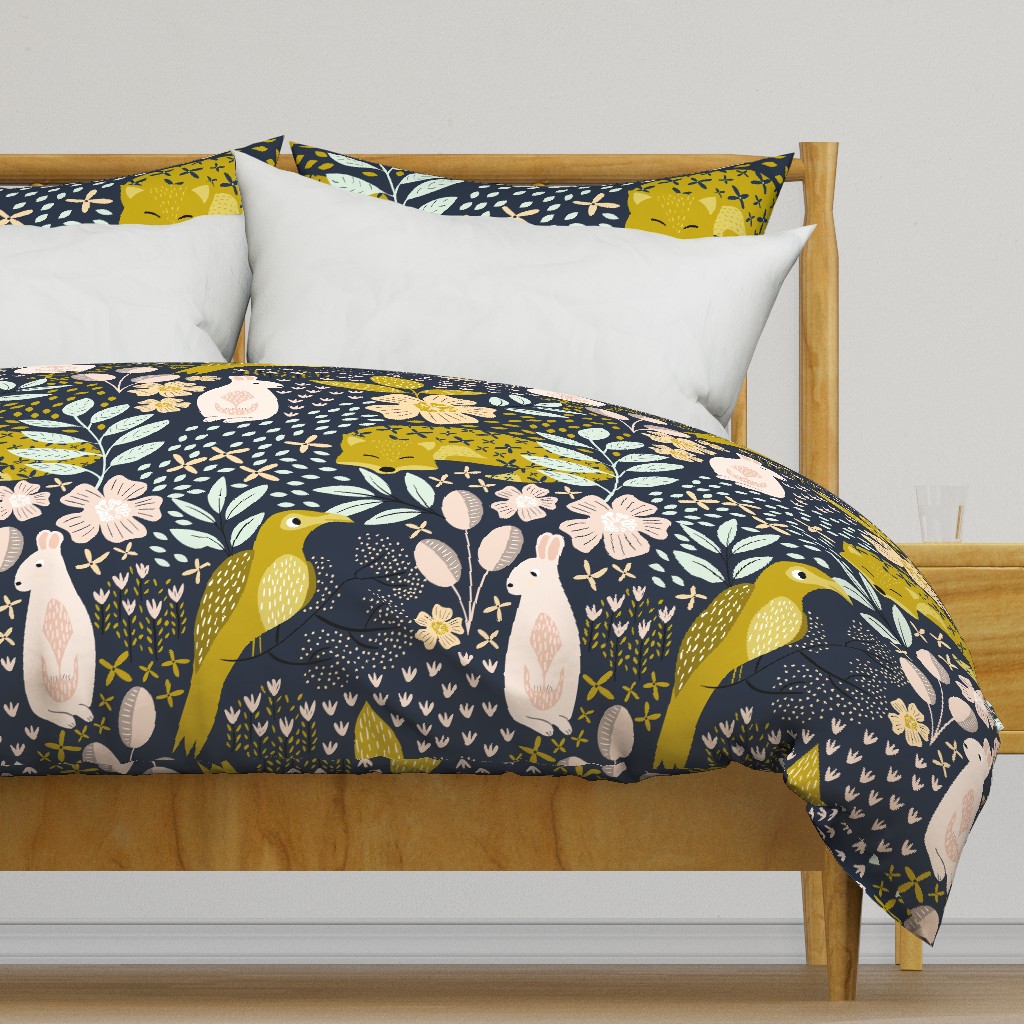 Woodland Floral on navy with birds, rabbits and foxes  - Extra Large