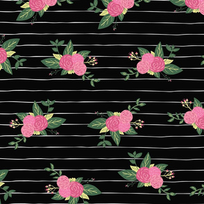 Pink Rose Flowers On Black And White Stripes