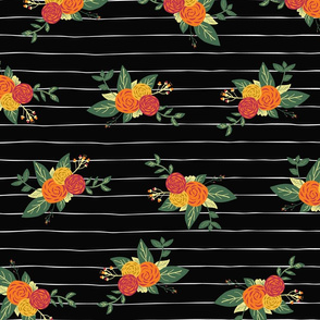 Vintage Fall Flowers On Black And White Stripes