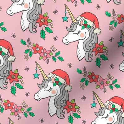 Christmas Unicorn on Light Pink 4 inch