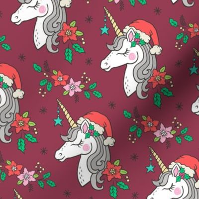 Christmas Unicorn on Dark Red 4 inch