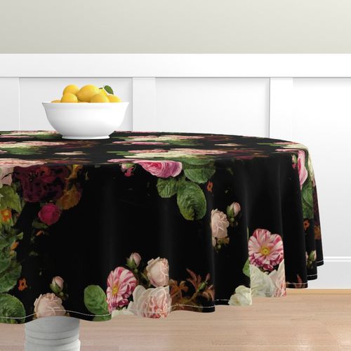 Round Tablecloth Moody Florals Historical Flowers Antique Flower Cotton Sateen 