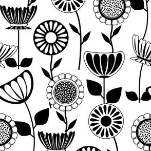 White and Black Flower Power - Mid Century Scandinavian Art