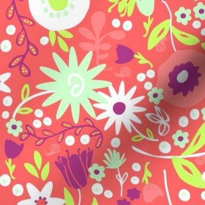 Whimsical Floral in Corals, Greens & Purples