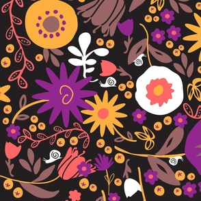Whimsical Floral in Black, Yellow & Purple colors