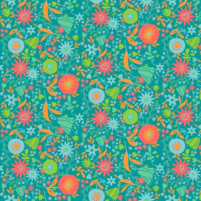 Whimsical Floral in Teal & Orange tones