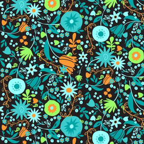 Whimsical Floral in Blues & Greens on Black