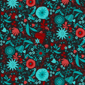 Black, Teal & Red Whimsical Floral