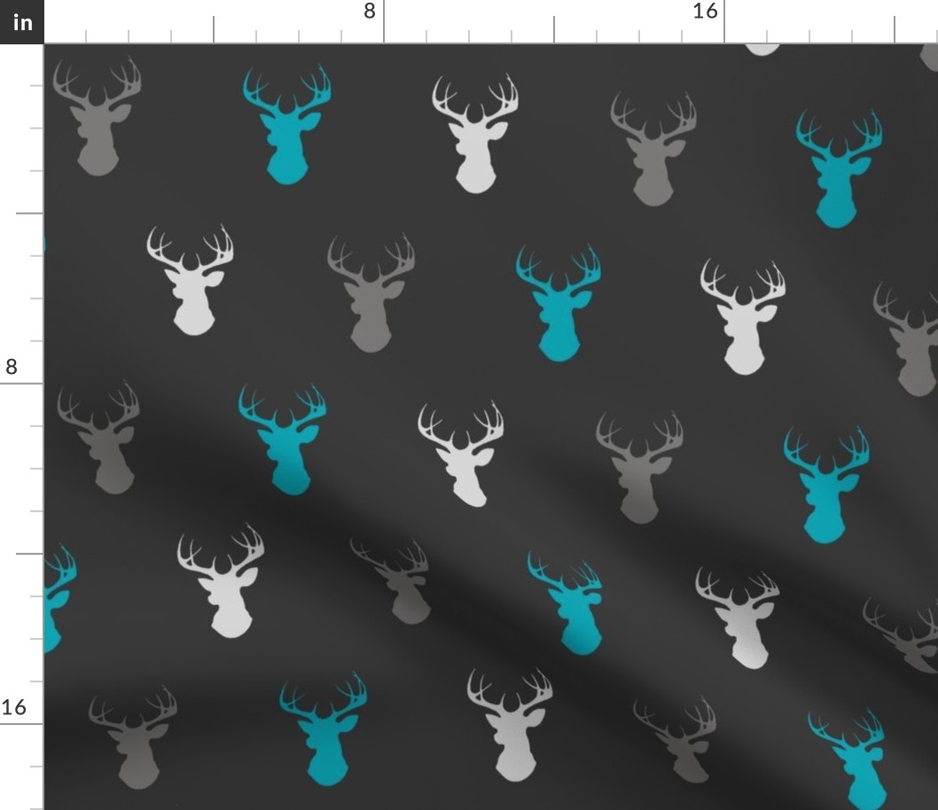 deer- teal,grey,silver on charcoal/off black