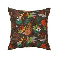 bright tropical floral pattern on brown