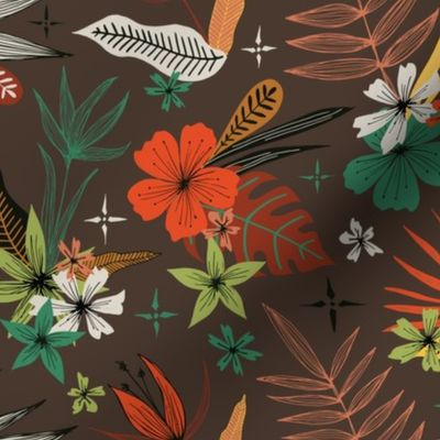 bright tropical floral pattern on brown